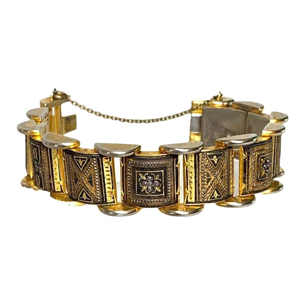 Vintage Damascene Panel Link Bracelet Gold Tone Black Floral Safety Chain 7"